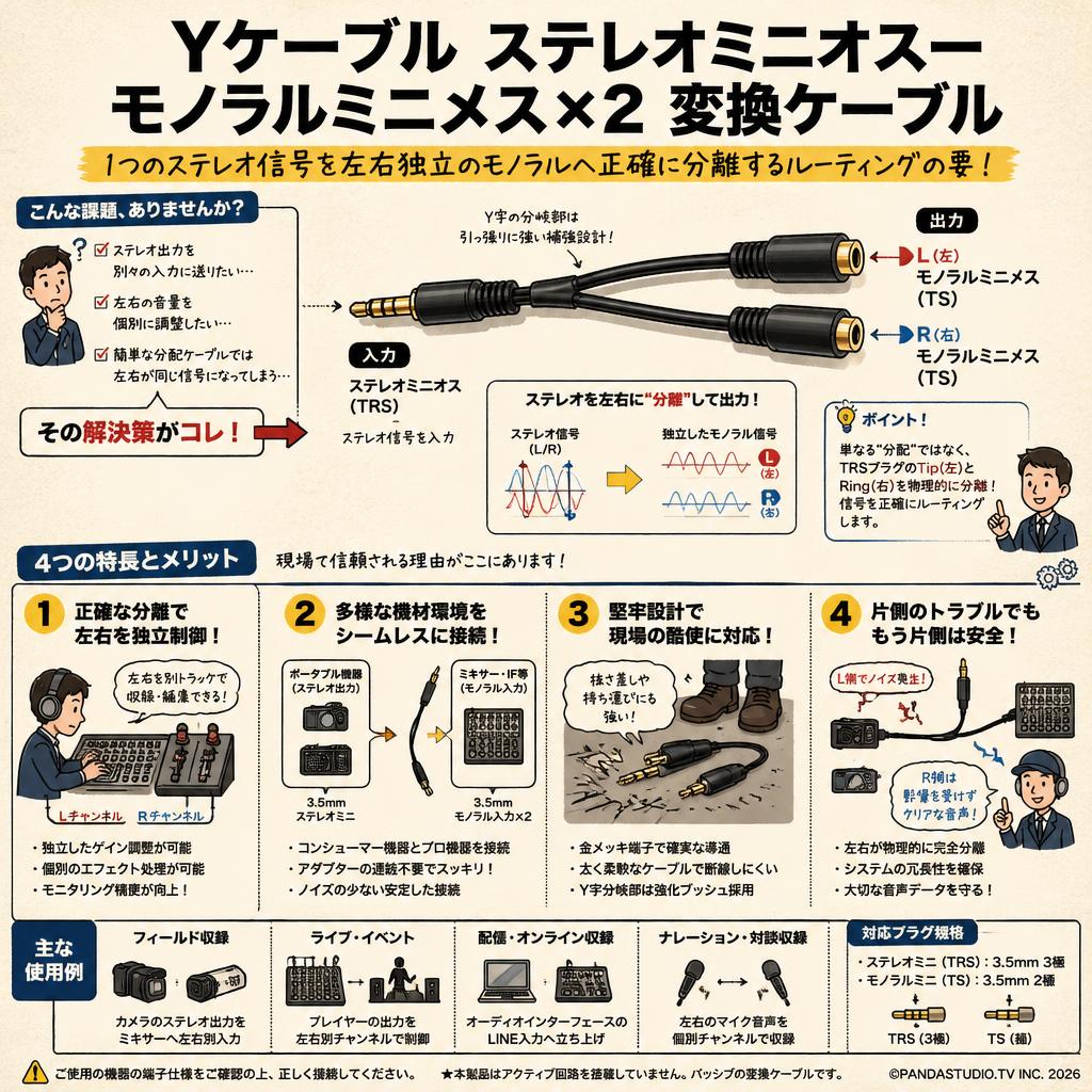 Yケーブル ステレオミニオスーモノラルミニメス×2 変換ケーブル 概要