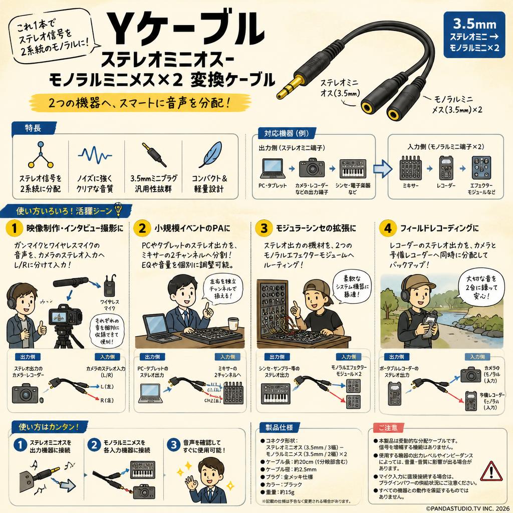 Yケーブル ステレオミニオスーモノラルミニメス×2 変換ケーブル おもな対象のお客様