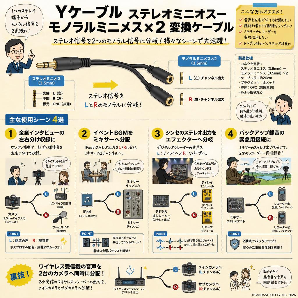 Yケーブル ステレオミニオスーモノラルミニメス×2 変換ケーブル 用途