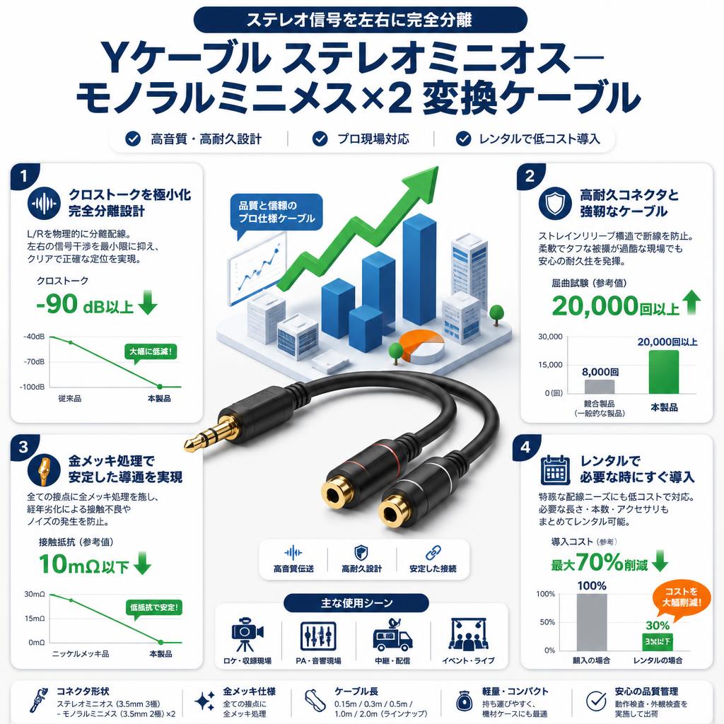 Yケーブル ステレオミニオスーモノラルミニメス×2 変換ケーブル セールスポイント