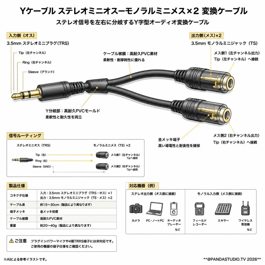 Yケーブル ステレオミニオスーモノラルミニメス×2 変換ケーブル スペック