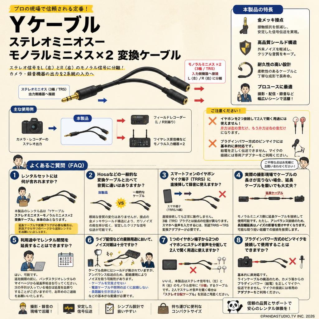 Yケーブル ステレオミニオスーモノラルミニメス×2 変換ケーブル FAQ（よくある質問と答え）