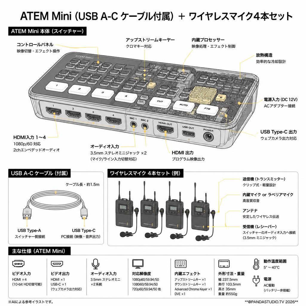 Blackmagic Design ATEM Mini（USB A-C ケーブル付属）＋ワイヤレスマイク4本セット スペック