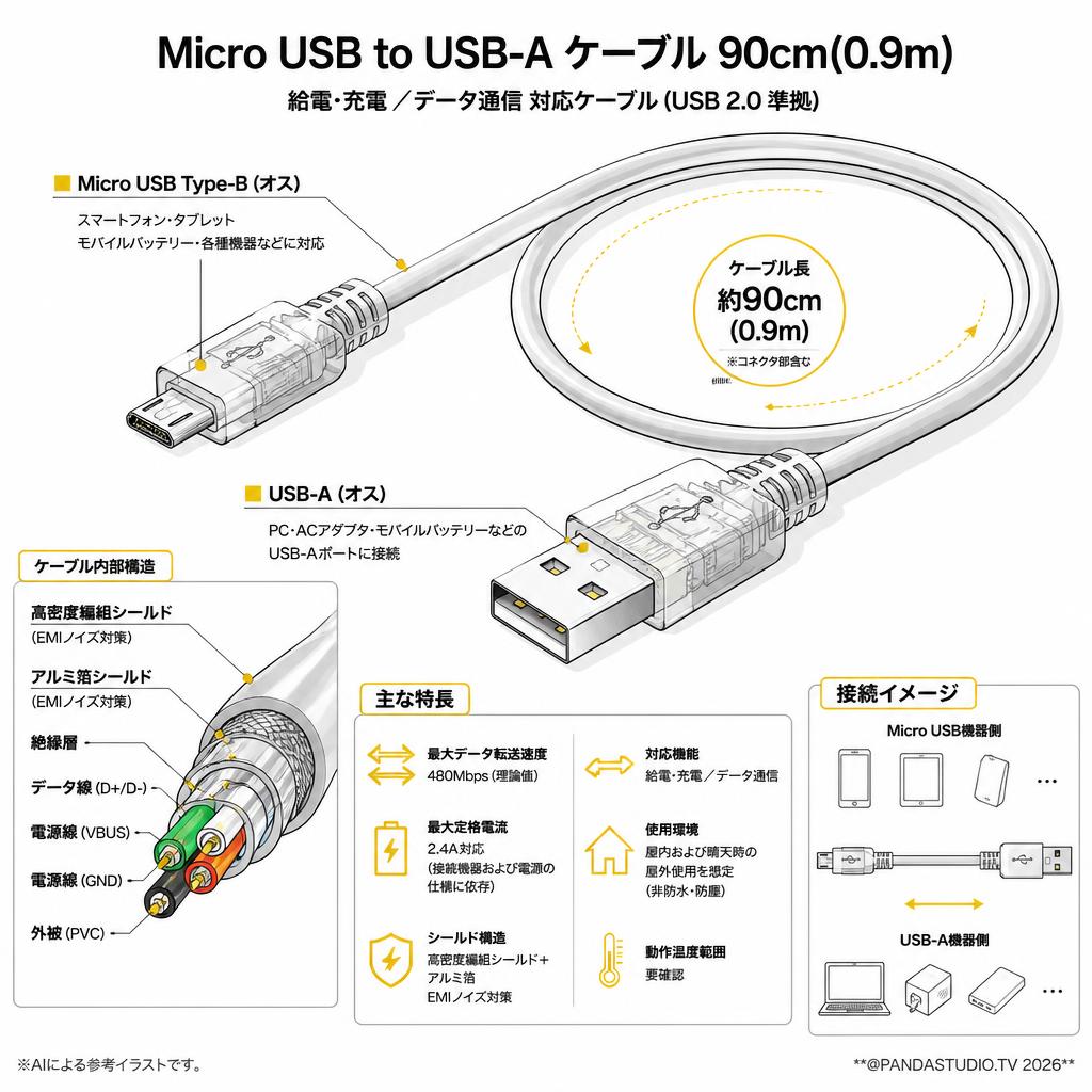 Micro USB to USB-A ケーブル 90cm(0.9m) スペック