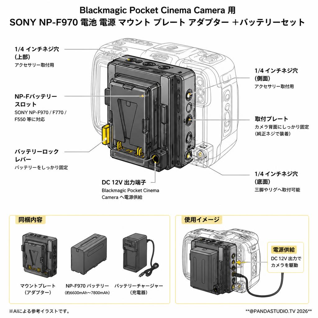 Blackmagic Pocket Cinema Camera 用 SONY NP F970 電池 電源 マウント プレート アダプター ＋バッテリーセット スペック