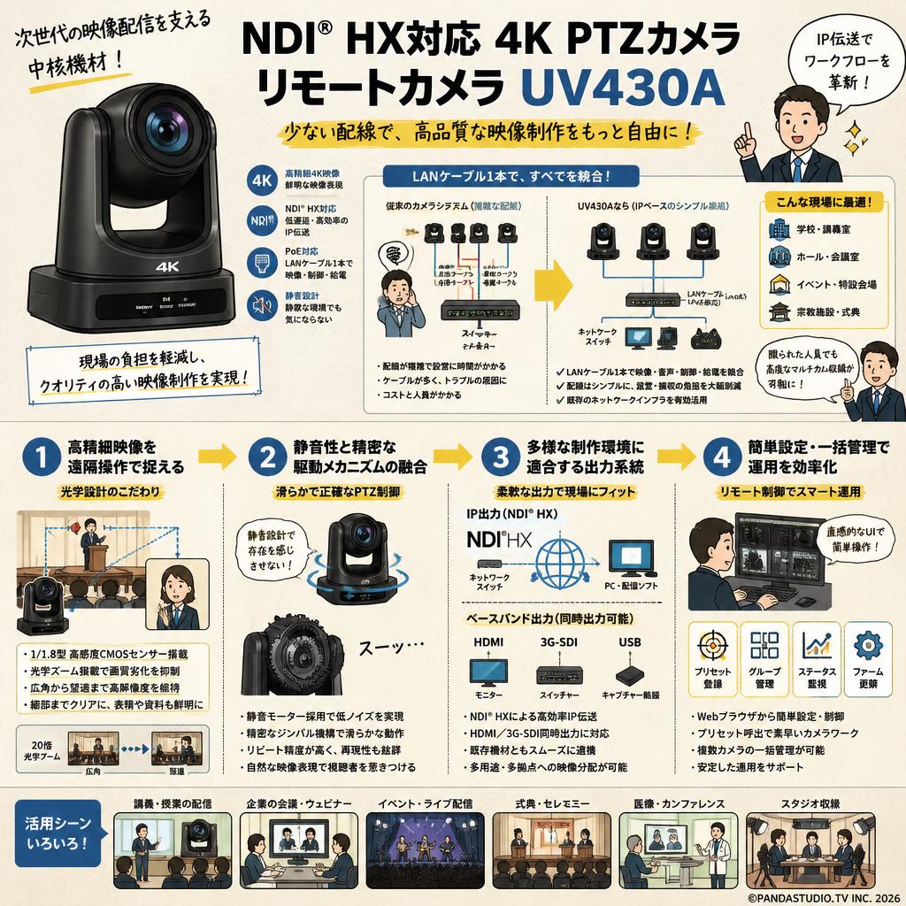 NDI HX対応 4K PTZカメラ リモートカメラ UV430A 概要