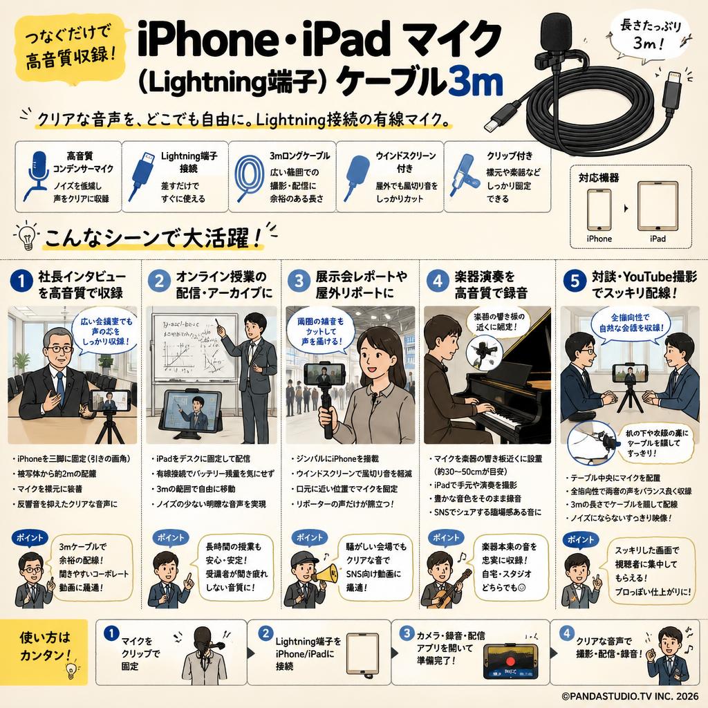 iPhone iPad マイク（Lightning端子）ケーブル3m 用途