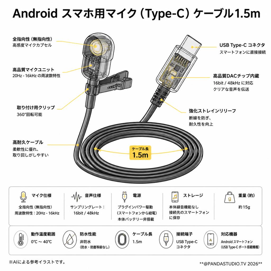 Android スマホ用マイク（Type-C）ケーブル1.5m スペック