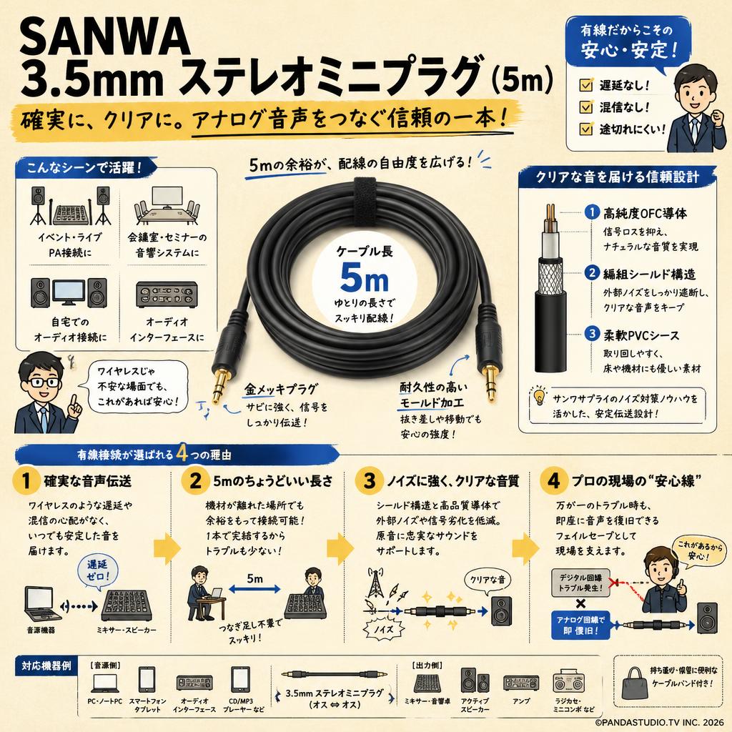 SANWA 3.5mm ステレオミニプラグ (5m) 概要