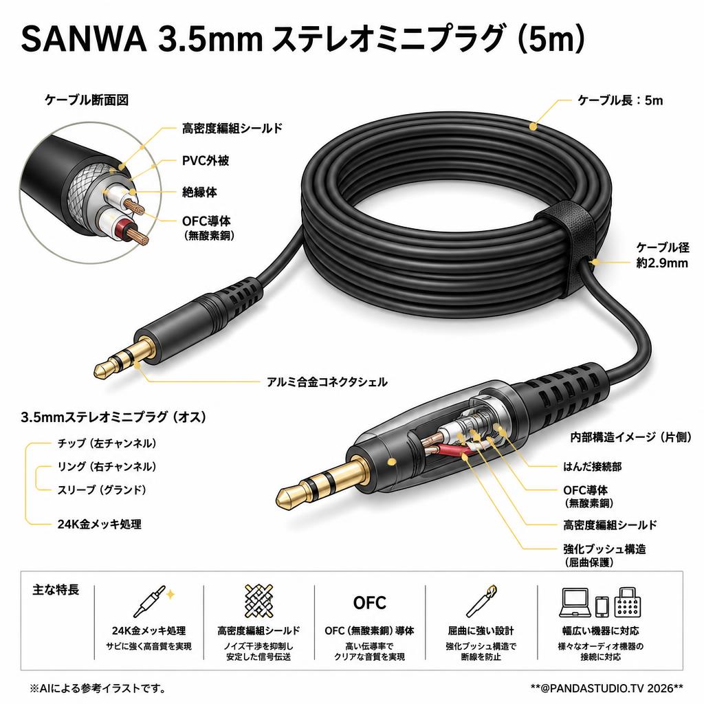 SANWA 3.5mm ステレオミニプラグ (5m) スペック