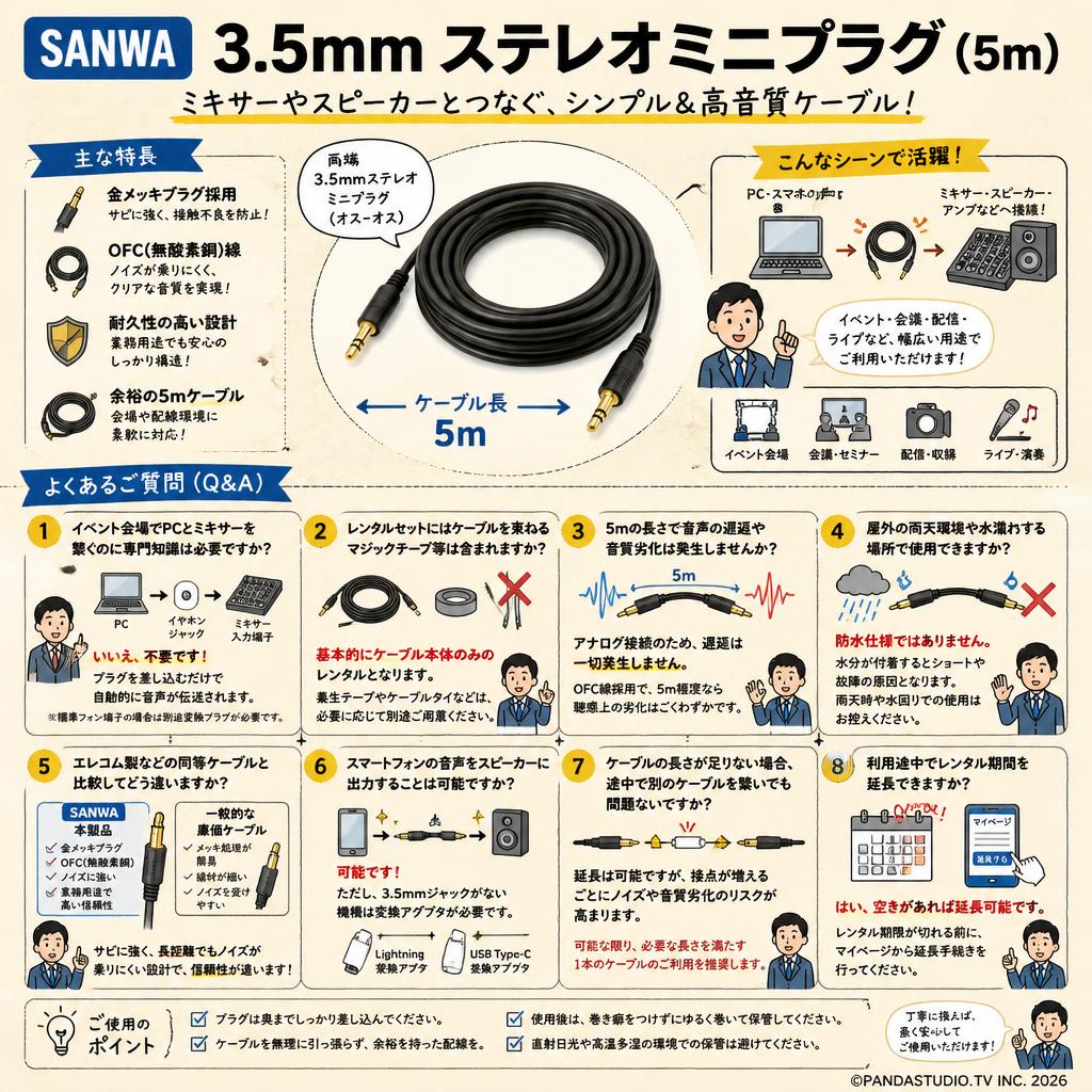 SANWA 3.5mm ステレオミニプラグ (5m) FAQ（よくある質問と答え）