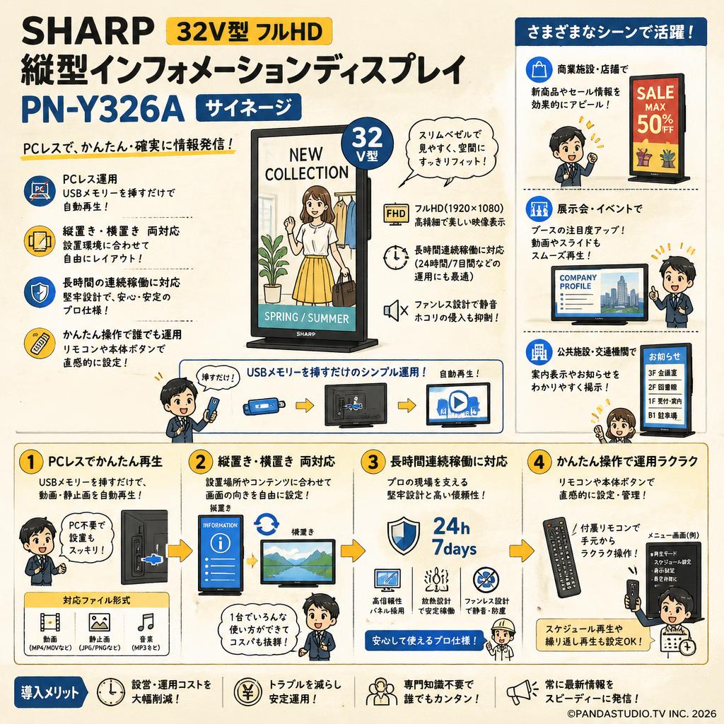 SHARP 32V型 フルHD 縦型インフォメーションディスプレイ PN-Y326A