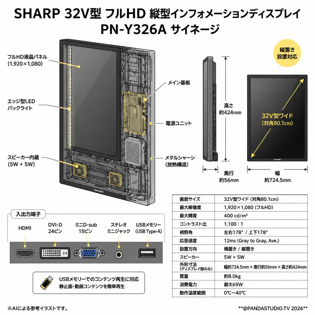 新品　メーカー整備完了品SHARP PN-Y326A サイネージ SHARP 32V型 フルHD 縦型インフォメーションディスプレイ PN-Y326A