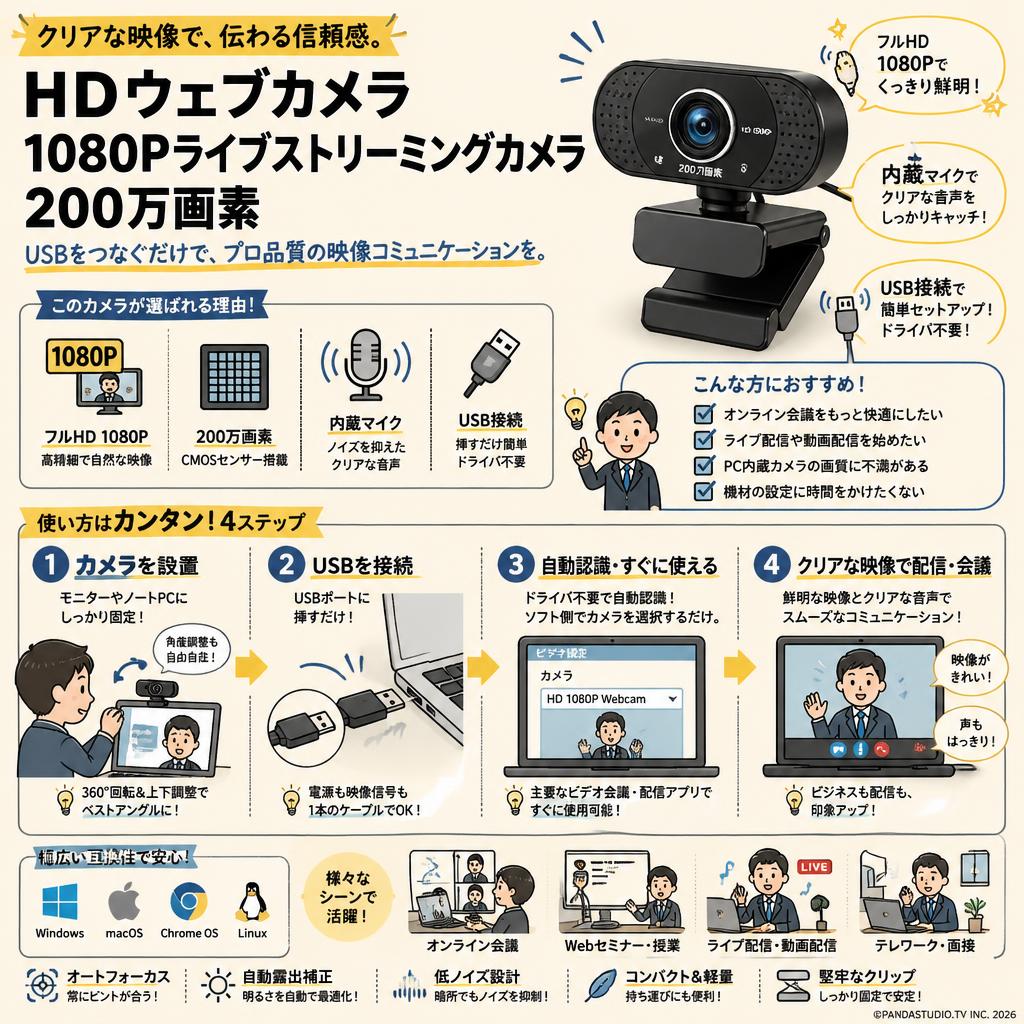 HDウェブカメラ1080Pライブストリーミングカメラ200万画素 概要