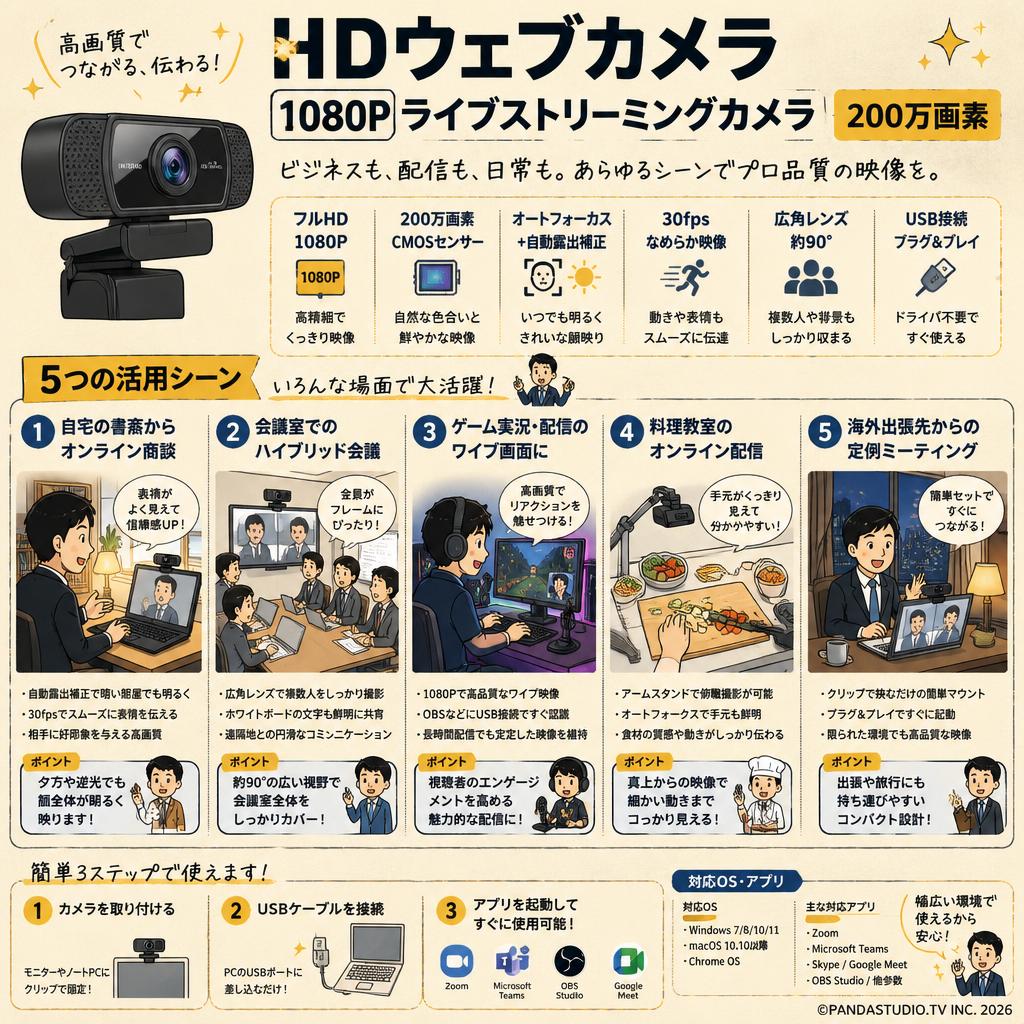 HDウェブカメラ1080Pライブストリーミングカメラ200万画素 用途