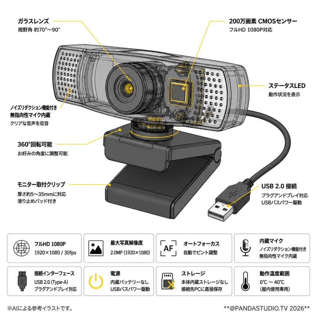 HDウェブカメラ1080Pライブストリーミングカメラ200万画素 スペック