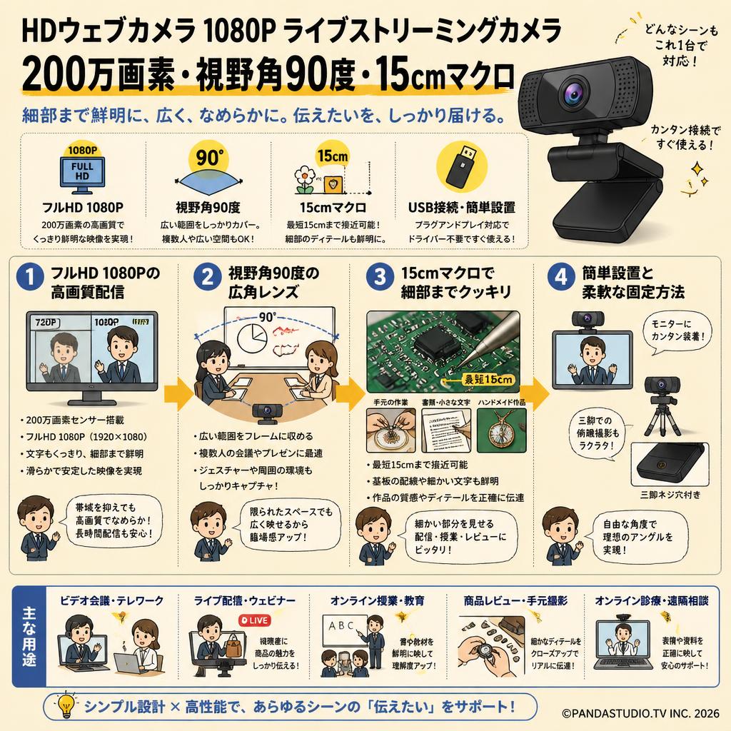 HDウェブカメラ1080Pライブストリーミングカメラ200万画素 視野角90度 15cmマクロ 概要