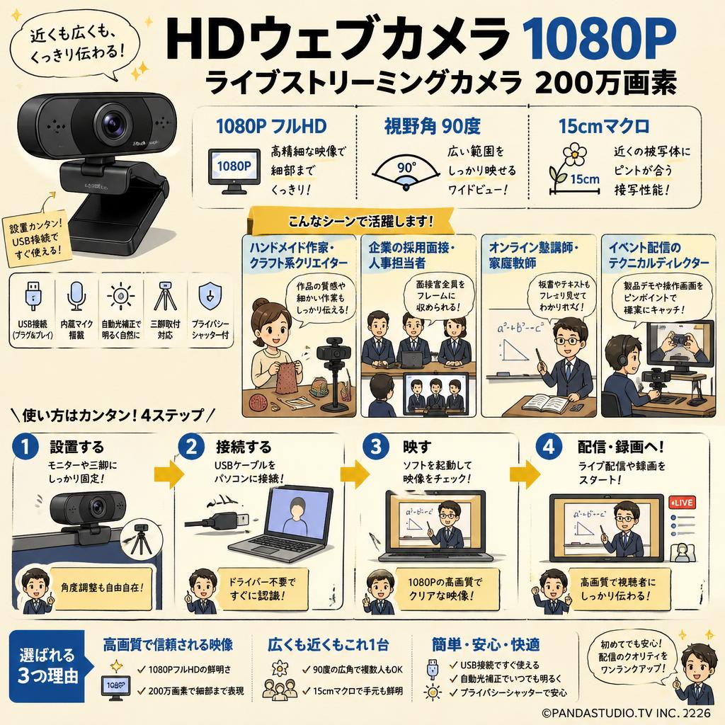 HDウェブカメラ1080Pライブストリーミングカメラ200万画素 視野角90度 15cmマクロ おもな対象のお客様