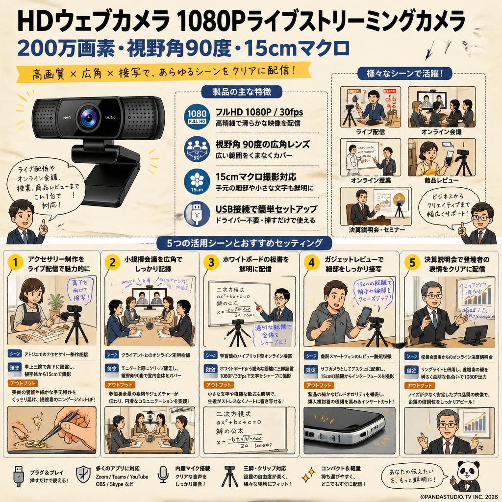 HDウェブカメラ1080Pライブストリーミングカメラ200万画素 視野角90度 15cmマクロ 用途