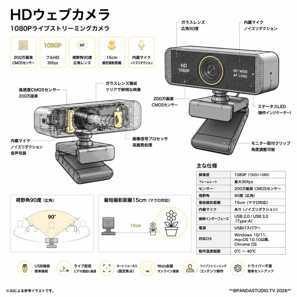 HDウェブカメラ1080Pライブストリーミングカメラ200万画素 視野角90度 15cmマクロ スペック