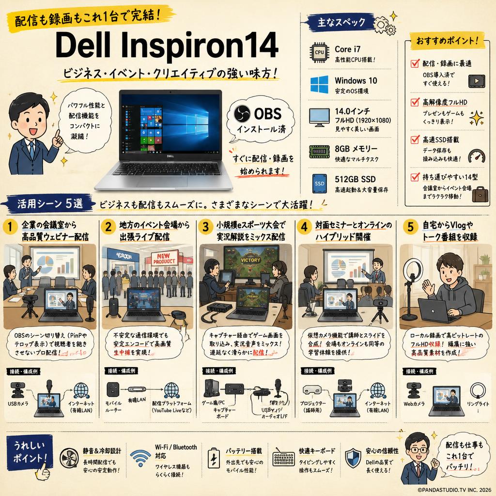 Dell Inspiron14  (OBS インストール済 Corei7 Windows10 14.0 フルHD 8GBメモリー512GB SSD） 用途
