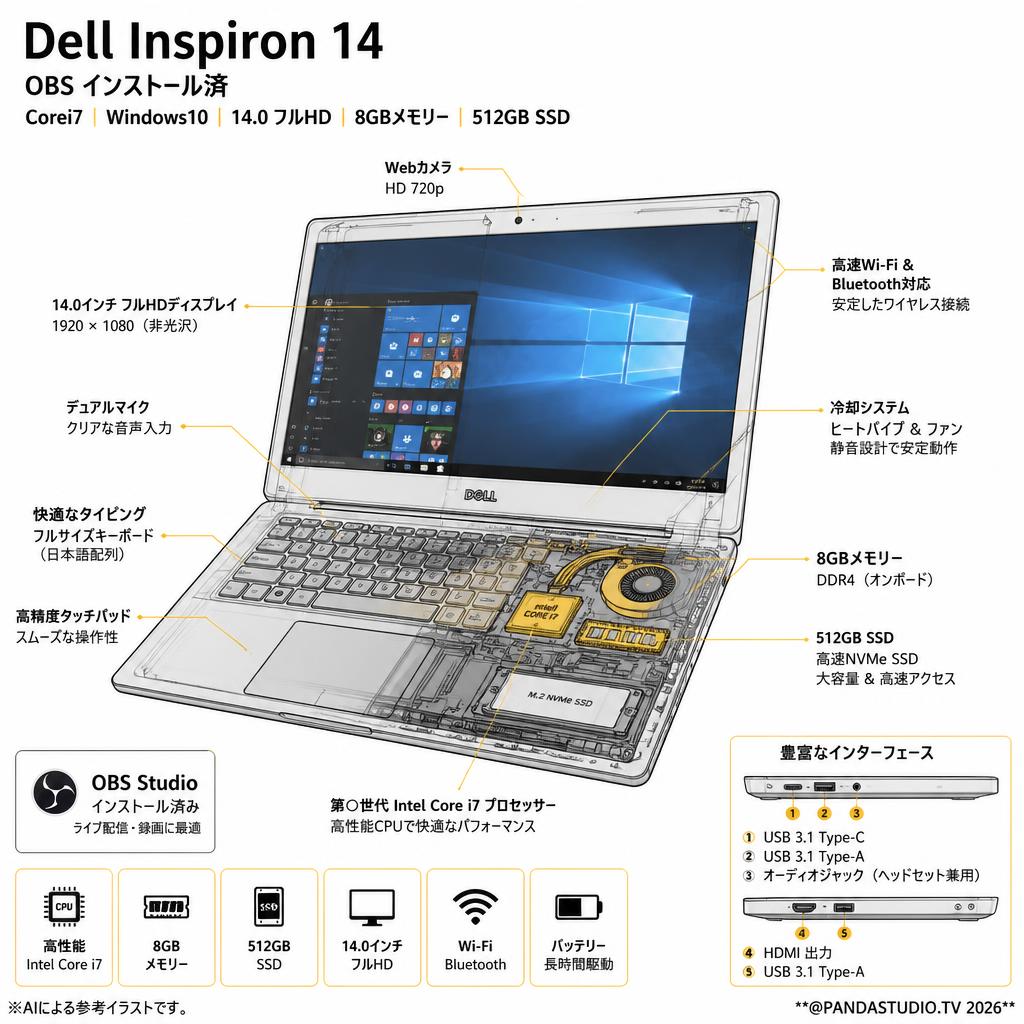 Dell Inspiron14  (OBS インストール済 Corei7 Windows10 14.0 フルHD 8GBメモリー512GB SSD） スペック