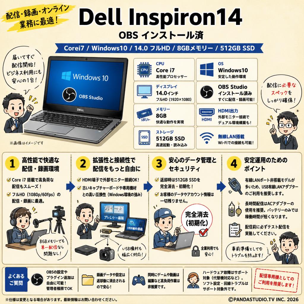 Dell Inspiron14  (OBS インストール済 Corei7 Windows10 14.0 フルHD 8GBメモリー512GB SSD） FAQ（よくある質問と答え）