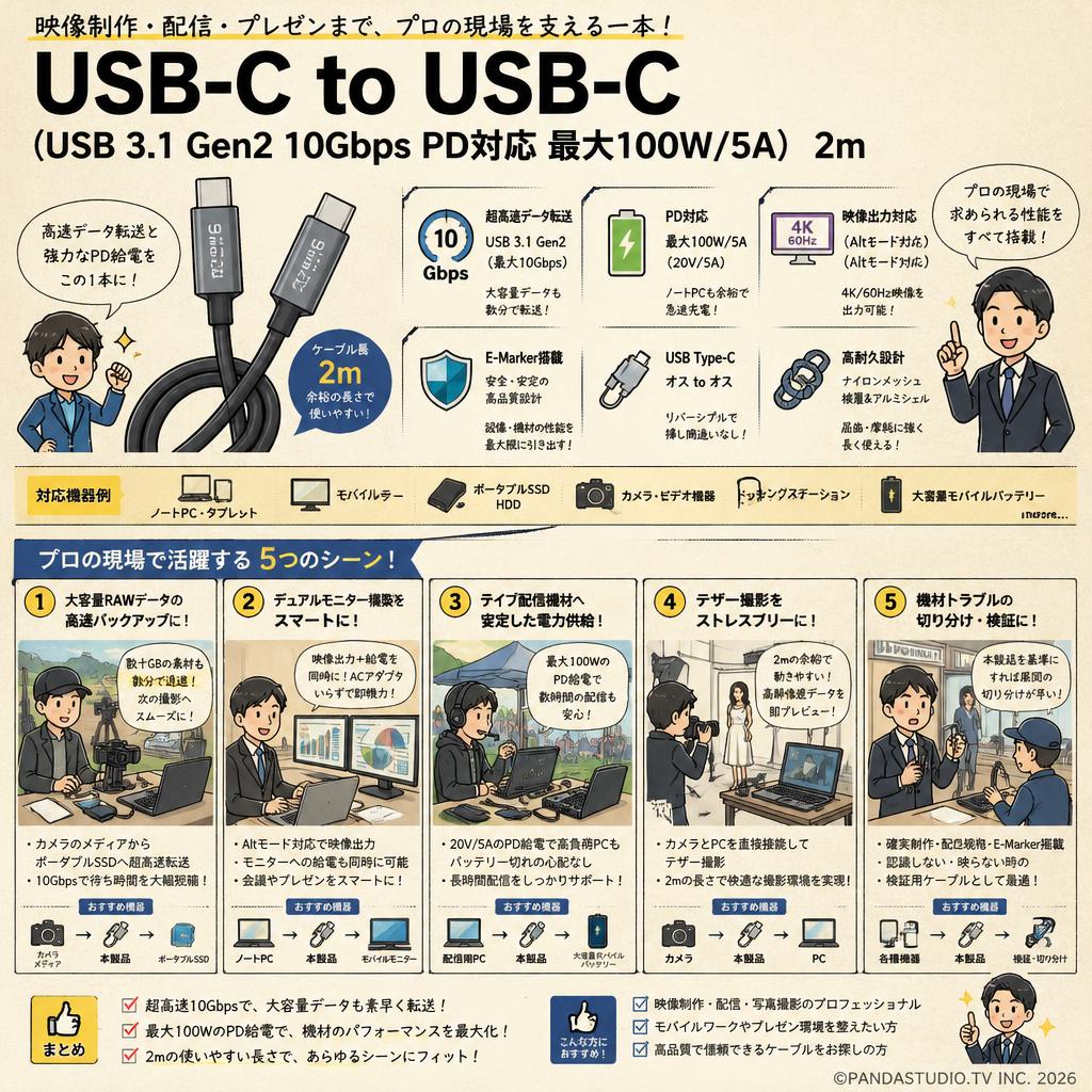 USB-C to USB-C（USB 3.1 Gen2 10Gbps PD対応 最大100W/5A） 2m 用途