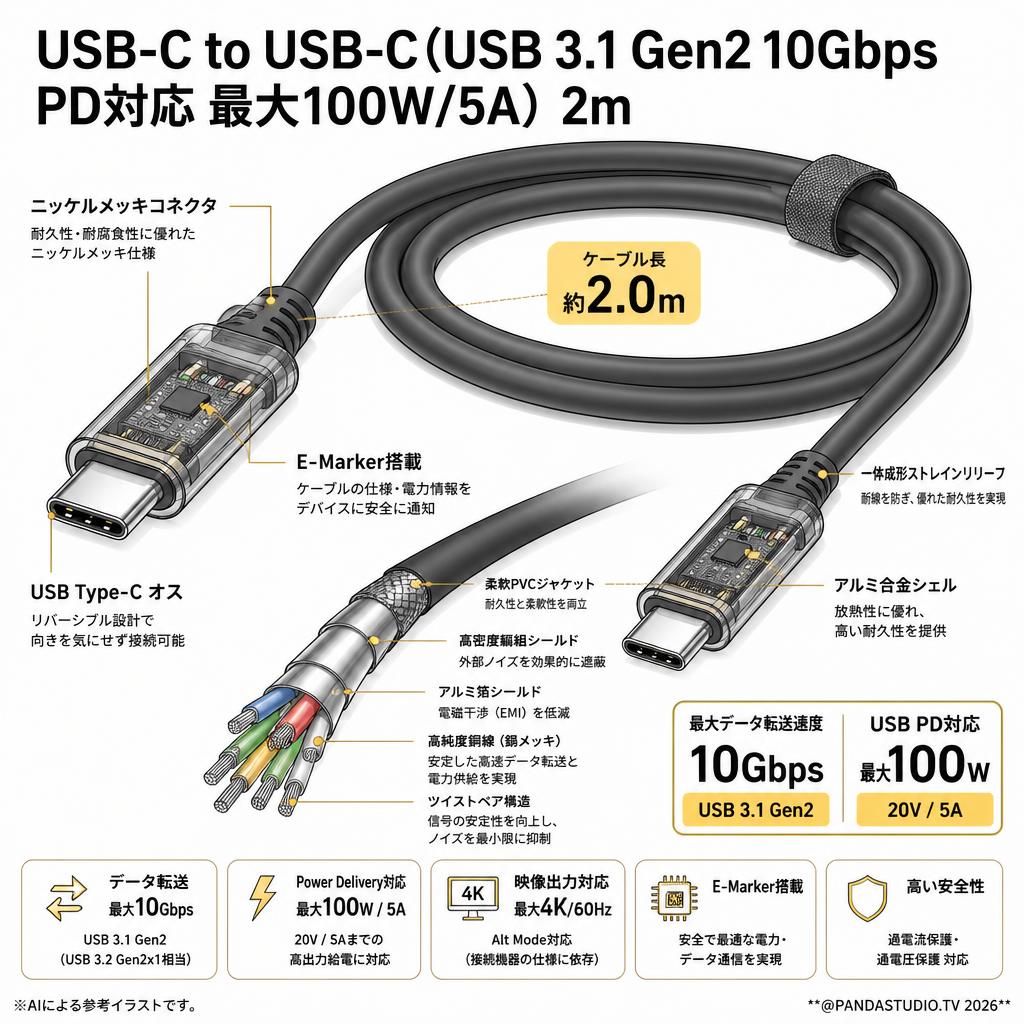 USB-C to USB-C（USB 3.1 Gen2 10Gbps PD対応 最大100W/5A） 2m スペック