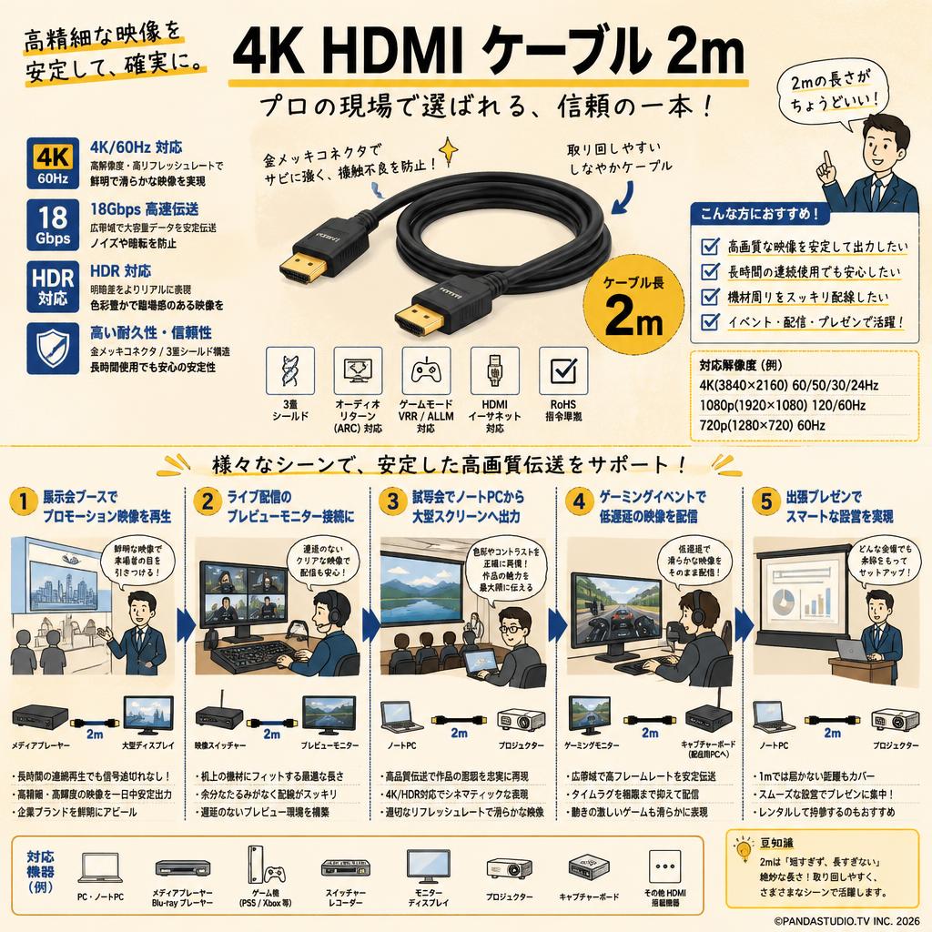 4K HDMI ケーブル 2m 用途