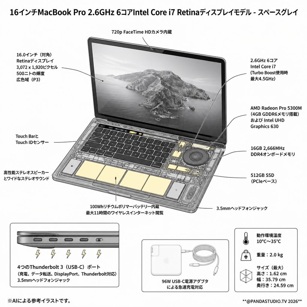 16インチMacBook Pro 2.6GHz 6コアIntel Core i7 Retinaディスプレイモデル - スペースグレイ． スペック