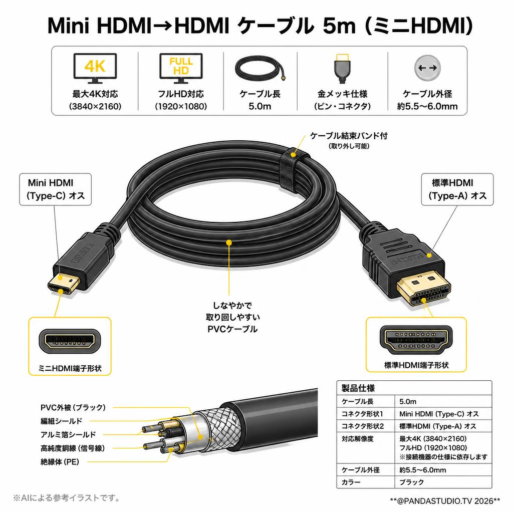 Mini HDMI→HDMI ケーブル 5m（ミニHDMI) スペック