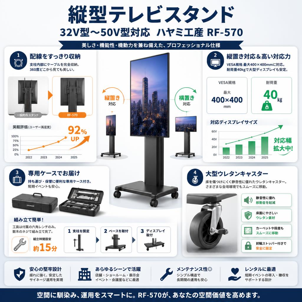 縦型テレビスタンド 32V型～50V型対応 ハヤミ工産RF-570 セールスポイント