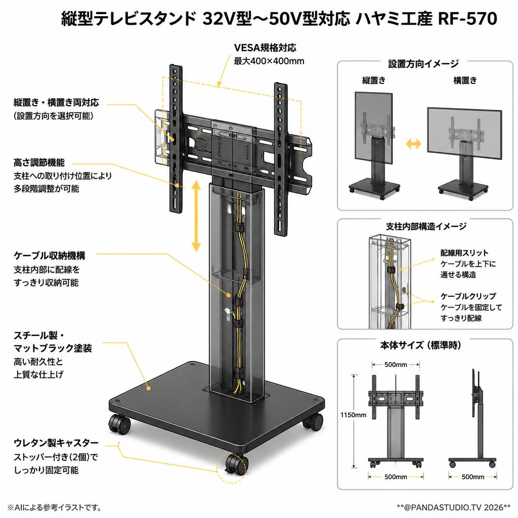 縦型テレビスタンド 32V型～50V型対応 ハヤミ工産RF-570 スペック