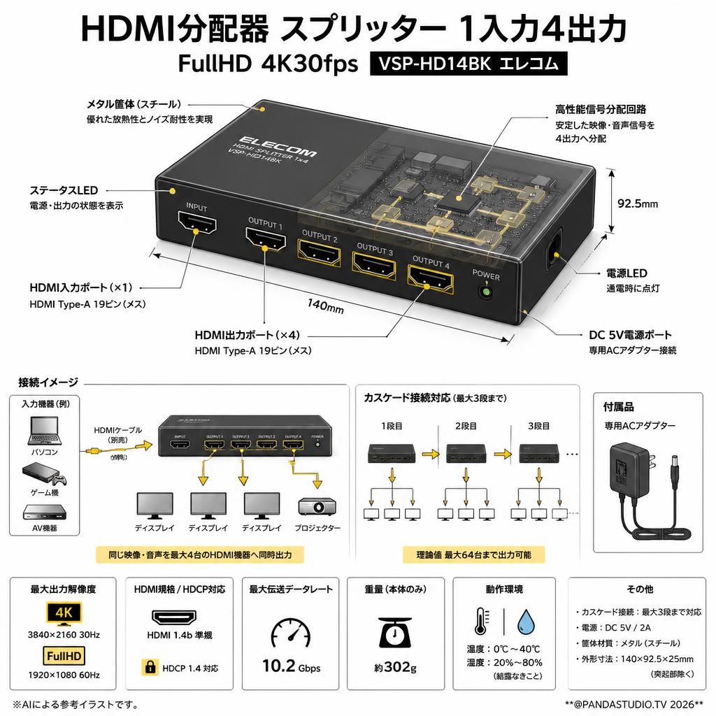 HDMI分配器 スプリッター 1入力4出力 FullHD 4K30fps VSP-HD14BK エレコム スペック