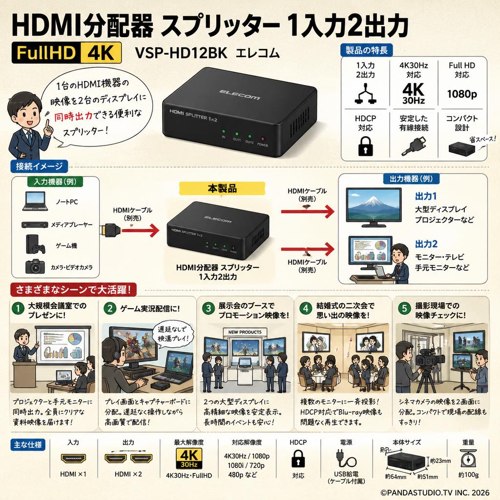 HDMI分配器 スプリッター 1入力2出力 FullHD 4K VSP-HD12BK　エレコム 用途
