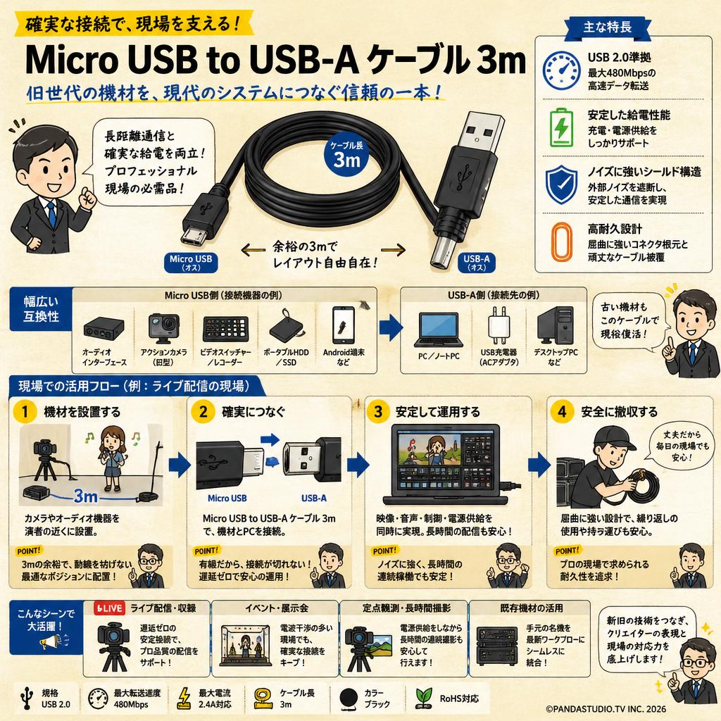 Micro USB to USB-A ケーブル 3ｍ 概要