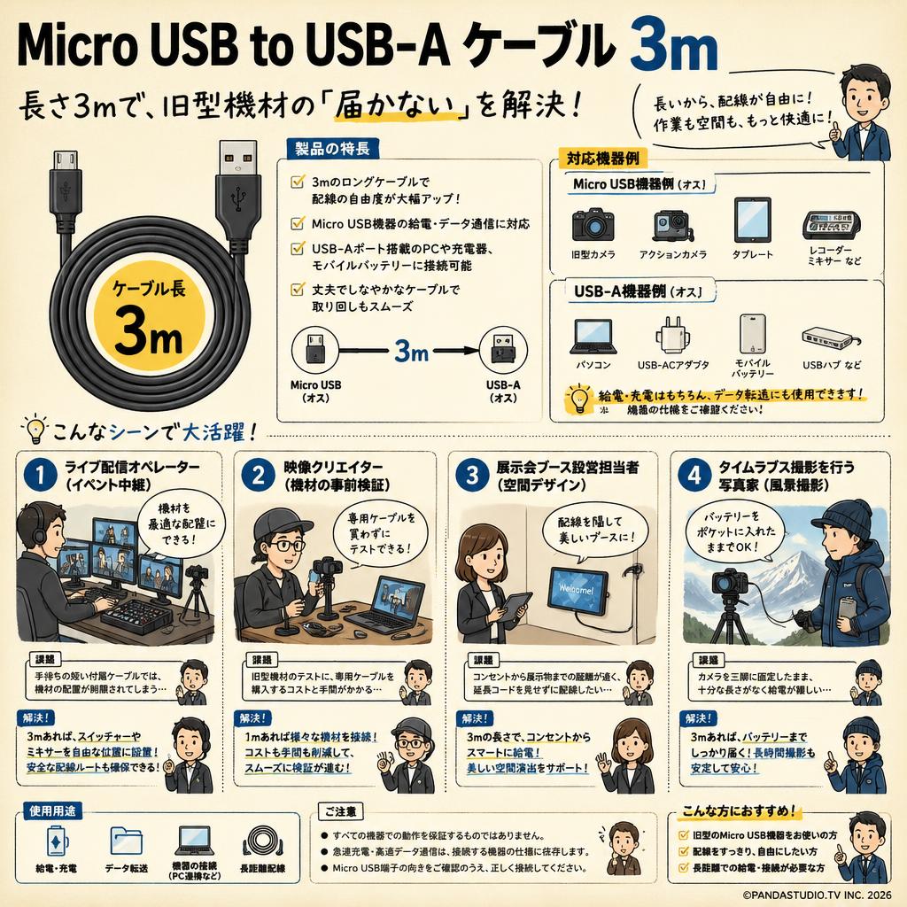 Micro USB to USB-A ケーブル 3ｍ おもな対象のお客様
