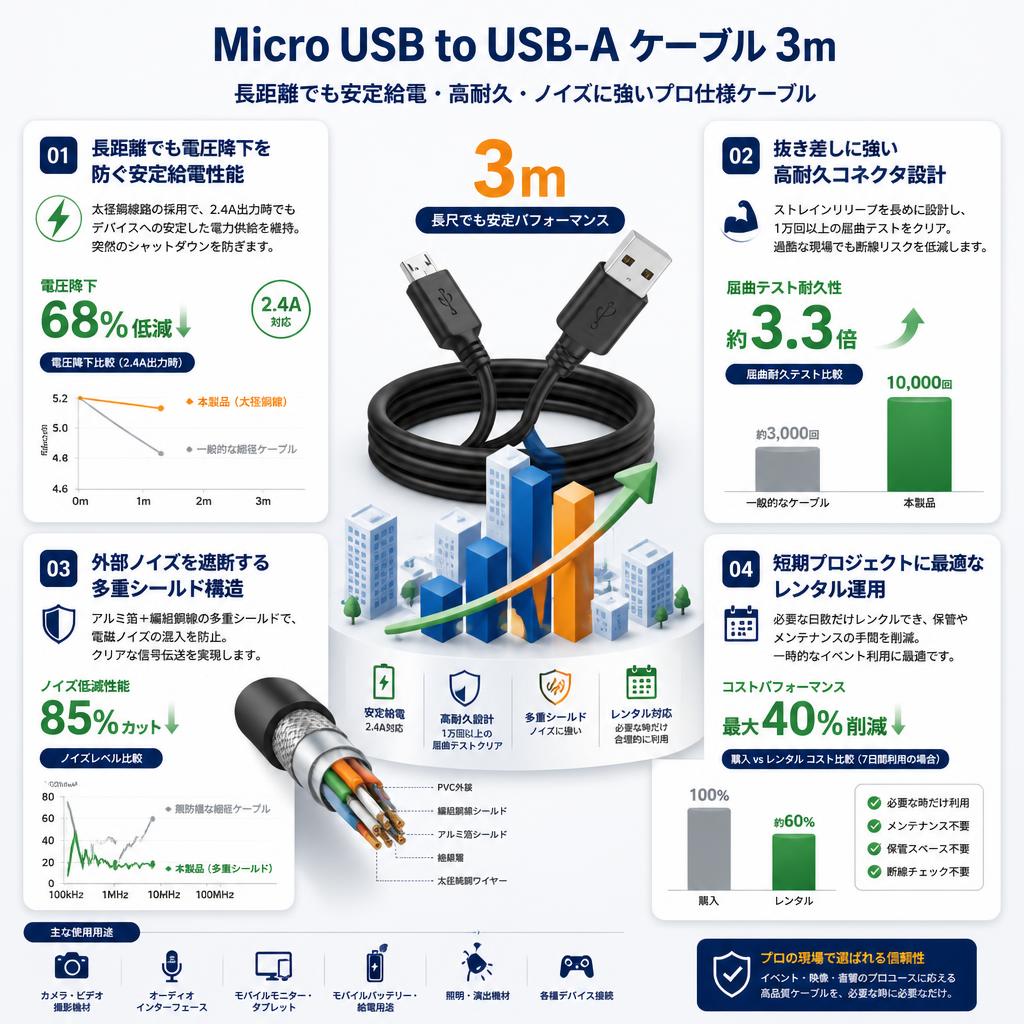 Micro USB to USB-A ケーブル 3ｍ セールスポイント