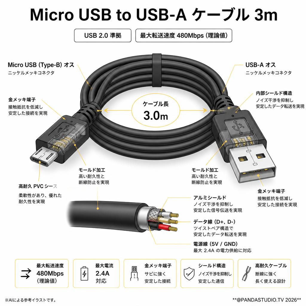 Micro USB to USB-A ケーブル 3ｍ スペック