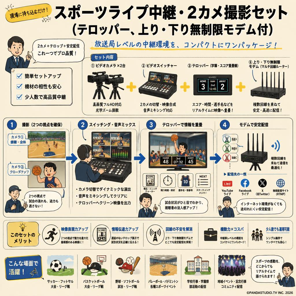 スポーツライブ中継・2カメ撮影セット（テロッパー、上り・下り無制限モデム付） 概要