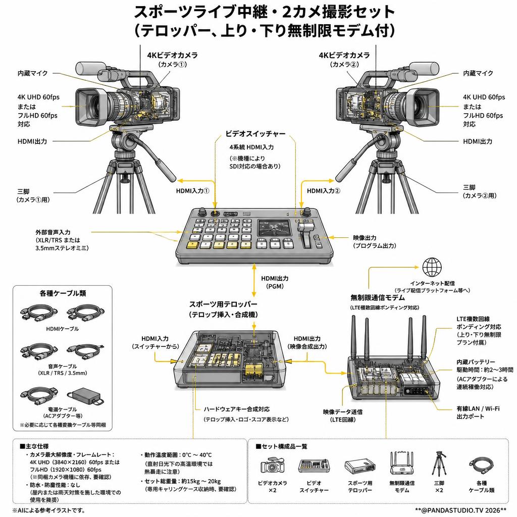スポーツライブ中継・2カメ撮影セット（テロッパー、上り・下り無制限モデム付） スペック