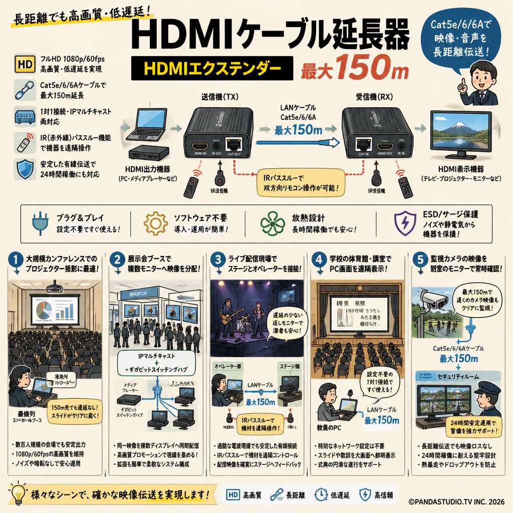 HDMIケーブル延長器 HDMIエクステンダー 最大150m | パンダスタジオ