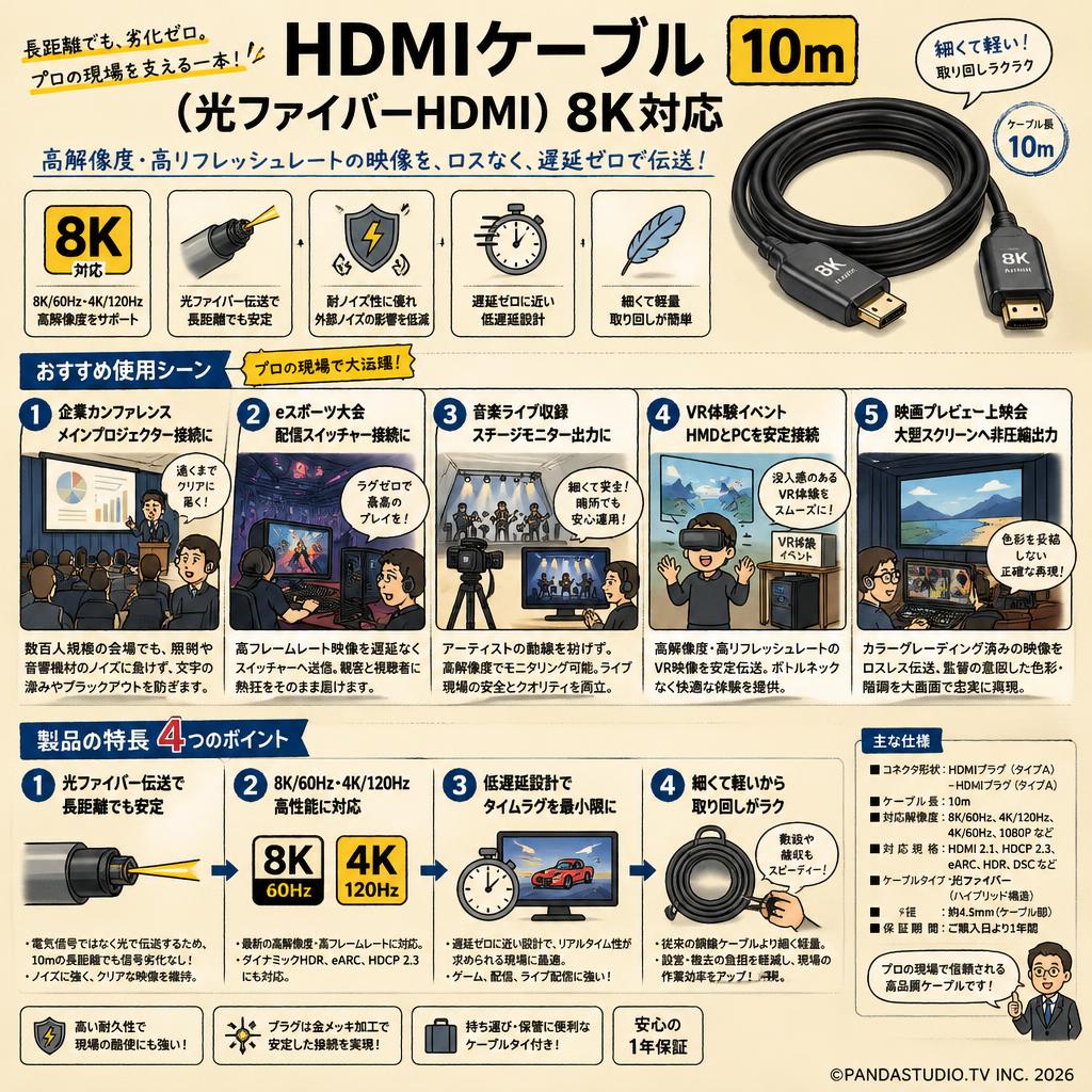 HDMIケーブル 10m （光ファイバーHDMI）8K対応 用途