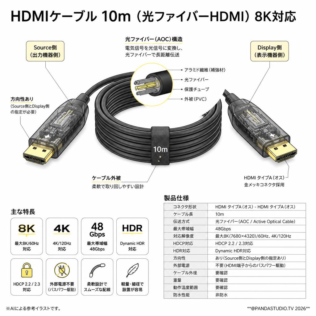 HDMIケーブル 10m （光ファイバーHDMI）8K対応 スペック