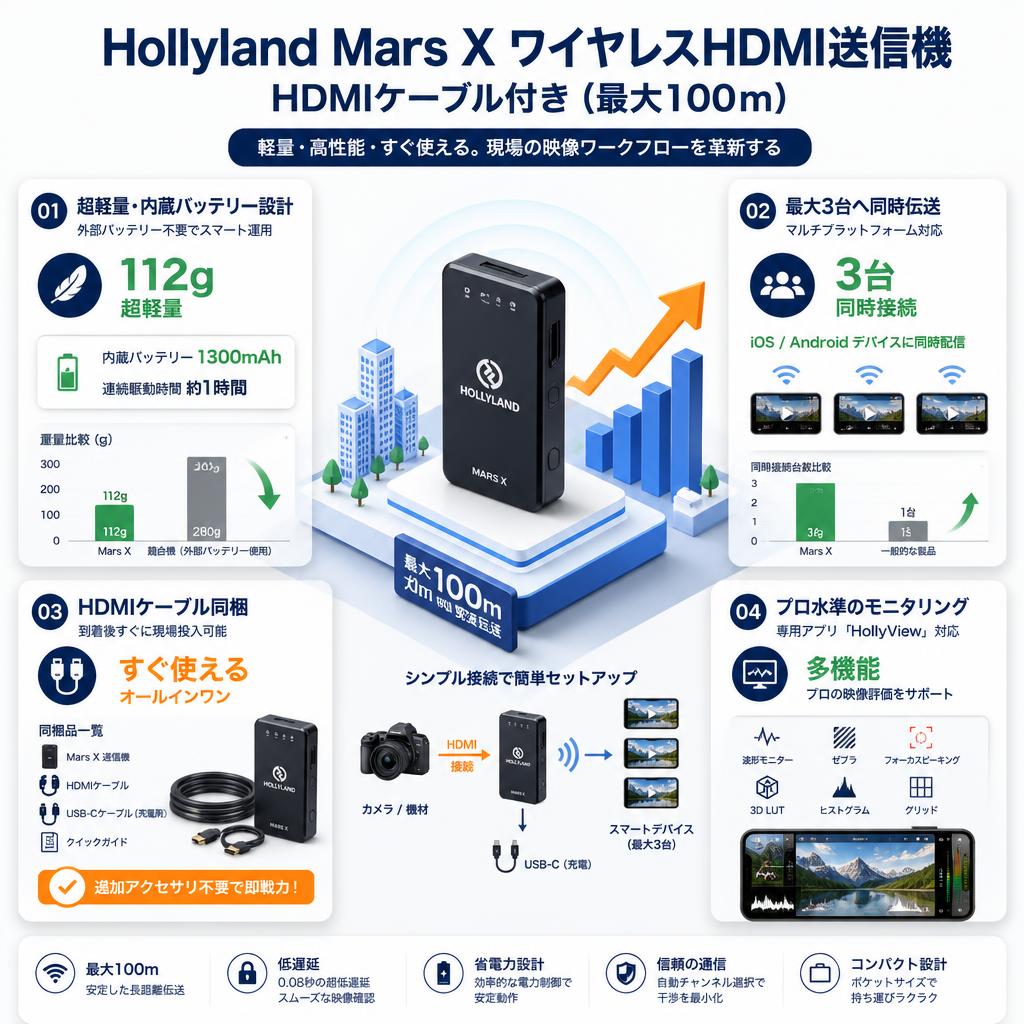 Hollyland Mars X ワイヤレスHDMI送信機 HDMIケーブル付き（最大100ｍ） セールスポイント