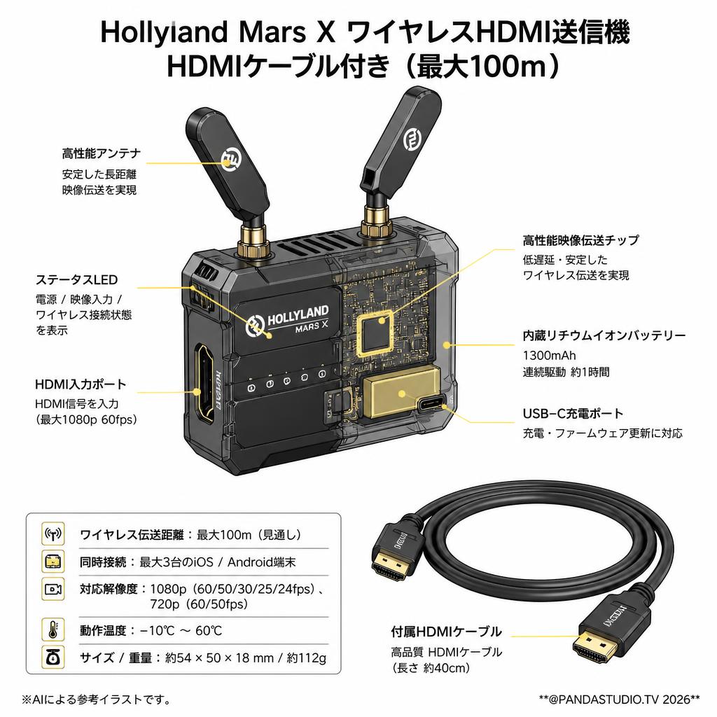 Hollyland Mars X ワイヤレスHDMI送信機 HDMIケーブル付き（最大100ｍ） スペック