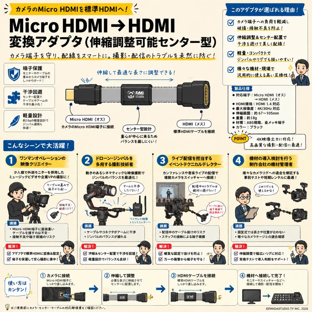 Micro HDMI →  HDMI 変換アダプタ（伸縮調整可能センター型） おもな対象のお客様