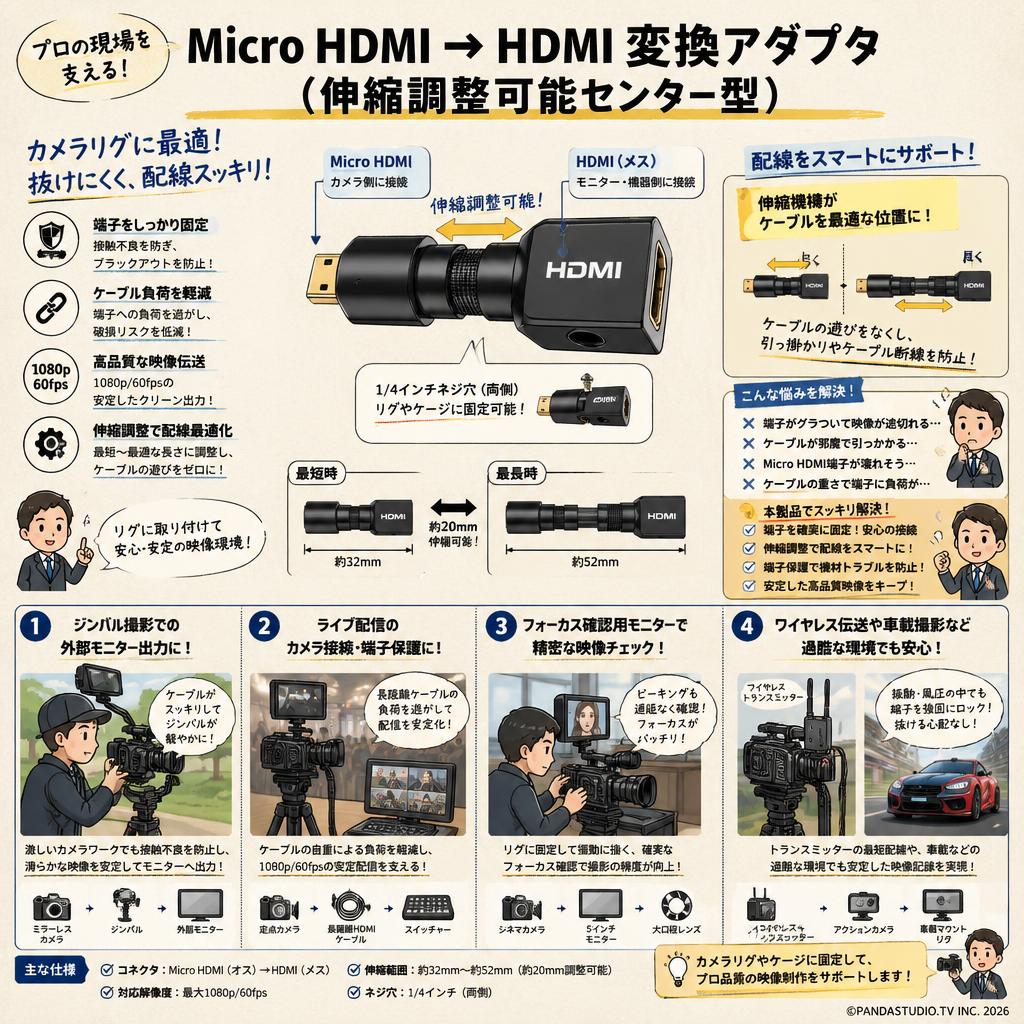 Micro HDMI →  HDMI 変換アダプタ（伸縮調整可能センター型） 用途