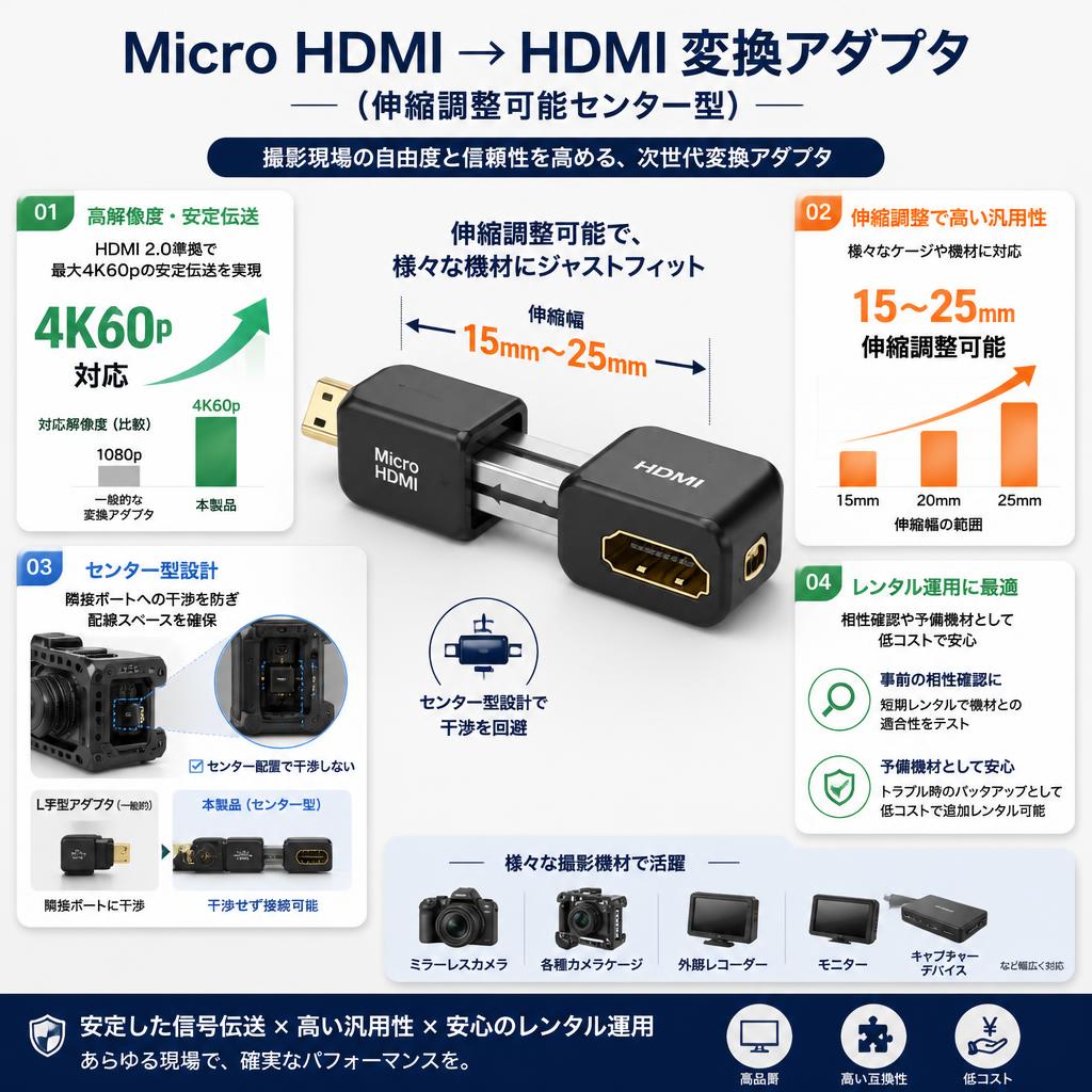 Micro HDMI →  HDMI 変換アダプタ（伸縮調整可能センター型） セールスポイント